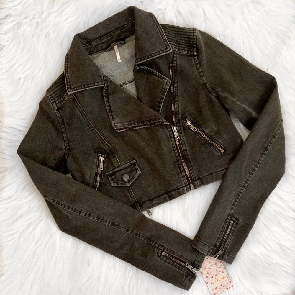 FREE PEOPLE Cropped Black Denim Jacket